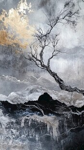 枯树傲立的山水抽象图景