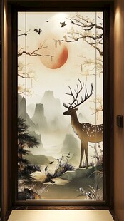 中式玄关画 鹿栖山水间