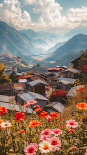 山间花畔小村落美景