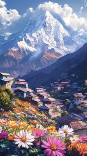 雪山下的多彩村落与繁花