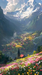 山间花海小镇梦幻美景