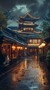 雨夜古街 中式建筑的静谧之美