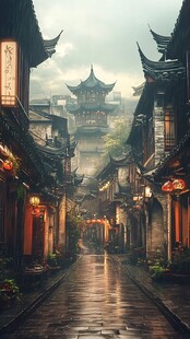 烟雨古巷中的中式建筑风情