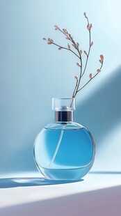蓝色香水瓶插着粉嫩花枝