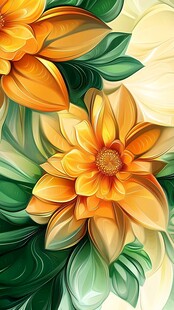梦幻橙花绿叶插画艺术