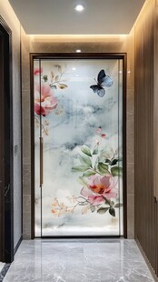 中式玄关花卉蝴蝶艺术玻璃
