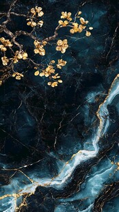 蓝金大理石纹间绽放繁花