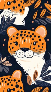 可爱豹与植物图案插画