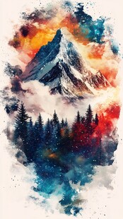 梦幻水彩绘就壮丽雪山图景