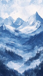 梦幻蓝调雪山森林美景
