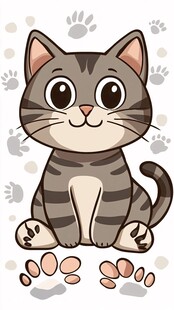 可爱灰纹小猫与爪印图案