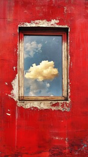 红墙之窗映出梦幻云朵