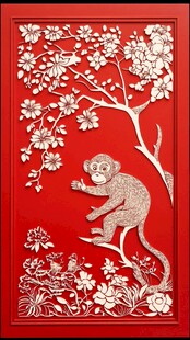 红底猴趣剪纸艺术图案