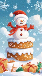 圣诞雪人立于甜蜜蛋糕旁