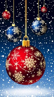 圣诞彩球悬挂于飘雪背景