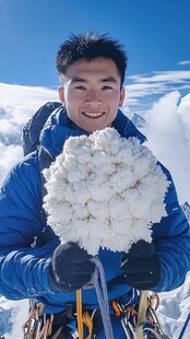 登山者手持冰雪花微笑