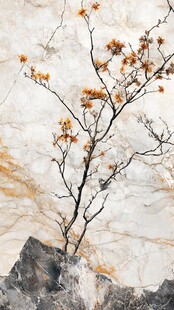 大理石上的枯树花卉景致