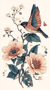 花鸟绘景 灵动鸟栖繁花枝