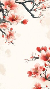 水墨风盛开的娇艳红梅花