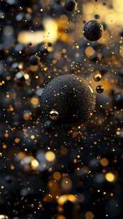 黑色球体与金色粒子飞舞