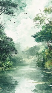 宁静河畔森林飞鸟景致