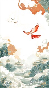 飞鸟翔于山水云间之景