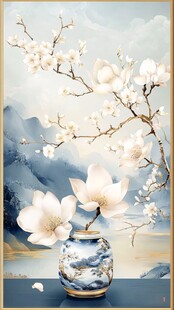 玉兰花插于中式瓷瓶之景