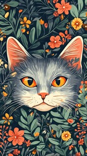 灰猫置身缤纷花卉间