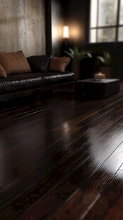 深棕木质客厅地板与沙发