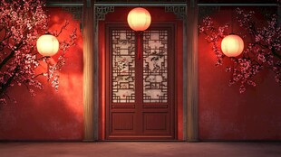 中式红墙院门与灯笼美景