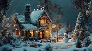 雪夜温馨小屋与可爱雪人