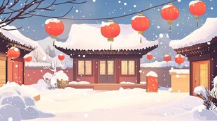 雪覆古宅挂红灯迎新春