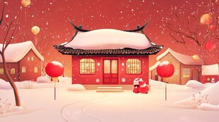 雪映红灯下的中式温馨小院