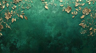 翠绿背景上的金色花卉装饰