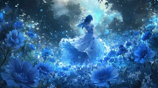 梦幻蓝调花境中的飘逸少女