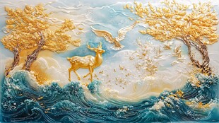 金鹿跃浪于梦幻山水间