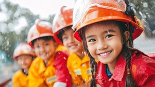 雨中萌娃戴安全帽笑容灿烂