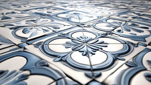 蓝白花纹瓷砖地面特写