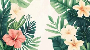 热带花卉绿叶清新插画