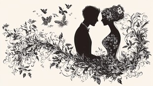 浪漫婚礼剪影花卉蝴蝶元素