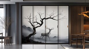 中式屏风上的鹿与古树图景