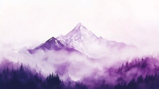 梦幻紫雾中的山林雪峰