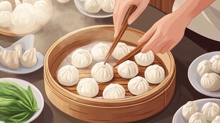 手夹蒸笼小笼包的美食画面