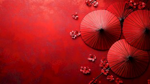 红色油纸伞与繁花背景