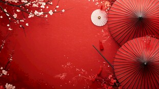 喜庆中式红背景与油纸伞