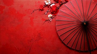 红底油纸伞与繁花景致