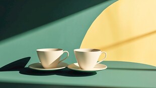 两杯咖啡置于多彩背景下