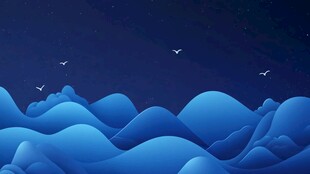 梦幻蓝色夜空下的山峦飞鸟