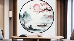中式圆形山水花鸟装饰画