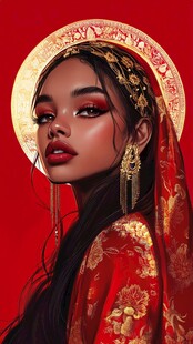 东方古韵红衣女子肖像